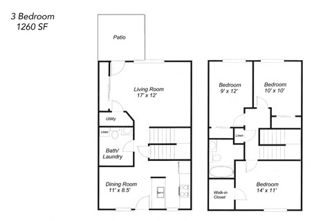 Floor plan for 3 beds, 1.5 baths, 1260 sqft